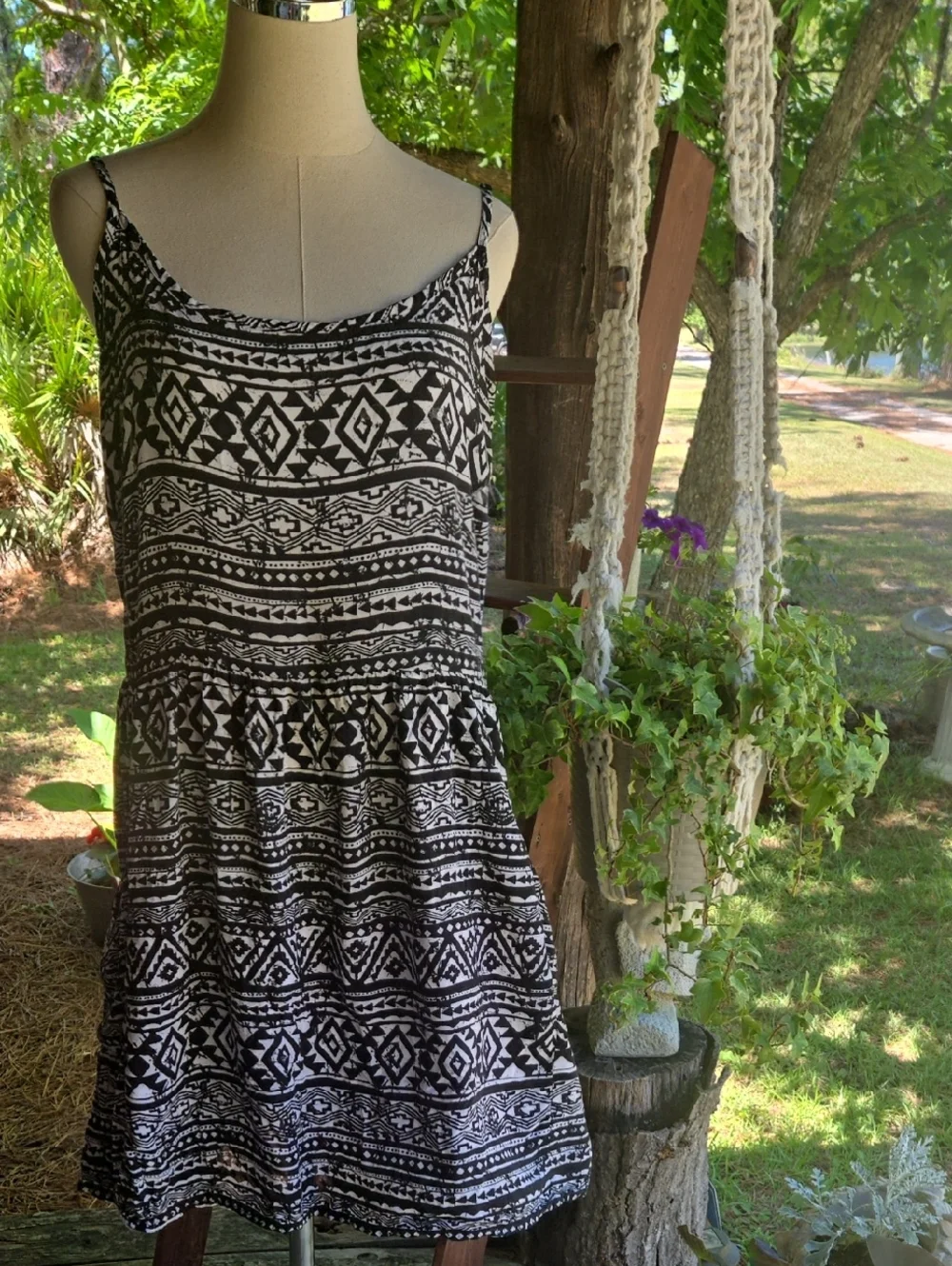 Black And Cream Abstract Print Midi Sundress Size Extra Large